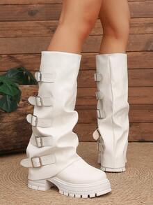 Women's Loose Ruched Stacked Boots With Multiple Buckle Design, Thick Sole Height-Increasing Riding Boots, White Retro Tall Boots - White - View 5