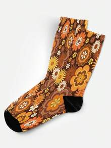 Cool 360° Printed Men's Socks - Streetwear Socks,Sunflower Daisy,Retro Floral,Rustic Style,Colorful,Funny Socks, Fit Daily, Holiday & Party Occasions - Brown - View 7