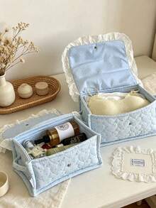 Korean Floral Quilted Storage Basket With Lace Ruffle, Snap Button Flip Cover Fabric Organizer Bin, Multi Functional Storage Bag For Bedroom Travel - Baby Blue - View 1