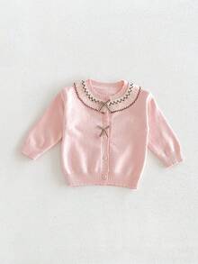 Cardigan Rajut Bayi Perempuan, Warna Pink Muda dengan Kerah Berenda Dua Lapis, Atasan Bergaris dengan Pita dan Kancing Depan Tunggal - Berwarna merah muda - View 5