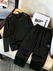 Men's Fashion Minimalist Long Sleeve T-Shirt & Cargo Wide Leg Pants 2-Piece Casual Set - Black - View 4