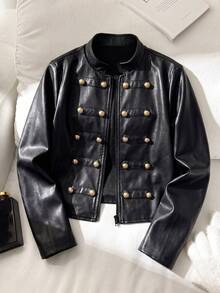 Tween Girl Fashionable Napoleon Style Cropped Leather Jacket With Metal Double-Breasted Decorative Buttons, New Arrival, All-Season Versatile For Daily Wear , Back To School Essential - Black - View 2