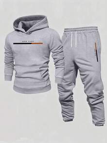 Teen Boy Letter Print Hoodie And Jogger Pants Casual Set - Grey - View 1
