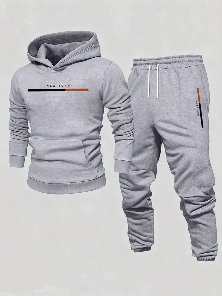 Teen Boy Letter Print Hoodie And Jogger Pants Casual Set - Grey - View 1