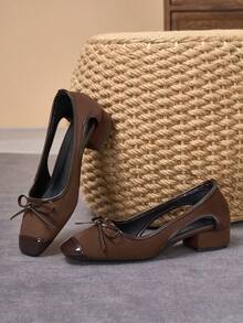 MonaNise Square Toe Low Block Heel Work Pumps - Brown - View 6