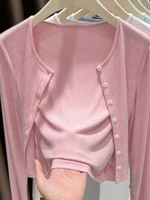 1pc Pink Ribbed Thin Cover Up Jacket Sun Protection Shawl Women's Outerwear New Office Air Conditioning Shirt Summer - Multicolor - View 7
