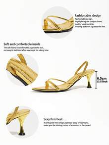 Women's Elegant Gold High Heel Sandals, Vacation, Shiny Metallic Pointed Toe Kitten Heel Shoes With Elastic Back Strap, Suitable For Party - Gold - View 9