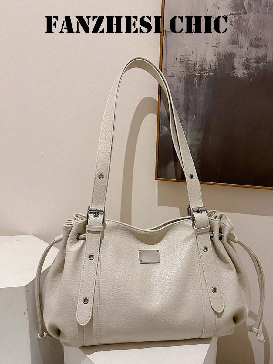 Shoulder Bag With Rivet Decoration, Detachable Shoulder Strap And Zipper Closure, Cool Style Underarm Bag, Women's Bag, Unique Niche Design, Suitable For Daily Outings, Dates, Commuting And Casual Crossbody Wear - Beige - View 1