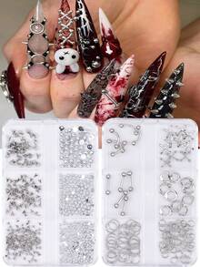 2 Boxes Metal Punk Style Nail Art Decor, Y2K Mixed Metal Cross, Pointed Nail Studs Set, Nail Supplies, Nail Art - Silver - View 2