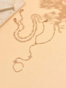 3pcs/Set Minimalist Elegant Gold Bracelet Fashion Starry Rhinestone Handmade Chain Multi-Layer Stackable Women's Hand Jewelry Suitable For Daily Wear, Photo, Travel, Date And Party - Multicolor - View 3