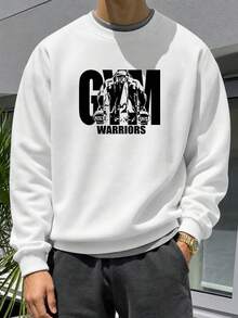 Men's Gym Warriors Graphic Crew Neck Sweatshirt, Loose Fit Pullover White Sports - White - View 3