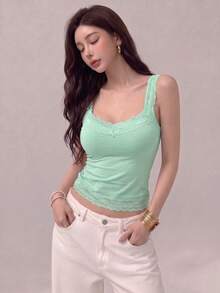 Top Dazzle Women's Summer Essential Knitted Camisole, Delicate Lace Details, Asymmetrical Hem, Comfortable Regular Fit - Green - View 5