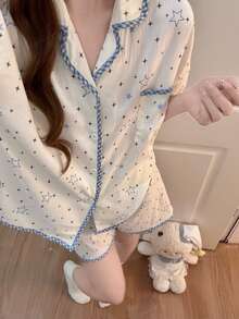 2pcs/Set Piyama Wanita, Cardigan Berkerah Motif Bintang, Celana Pendek Lengan Pendek Minimalis, Musim Semi/Panas - Blue and White - View 5