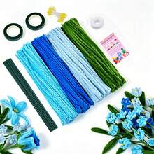 574件藍色手工毛絨管套組，4色混色毛絨管大包裝，400件雪尼爾花梗DIY手工花卉製作套件，含20件花梗、2件園藝膠帶、150件花蕊、1件緞帶、1件DIY花束禮物教學 - 藍色 - 查看 2
