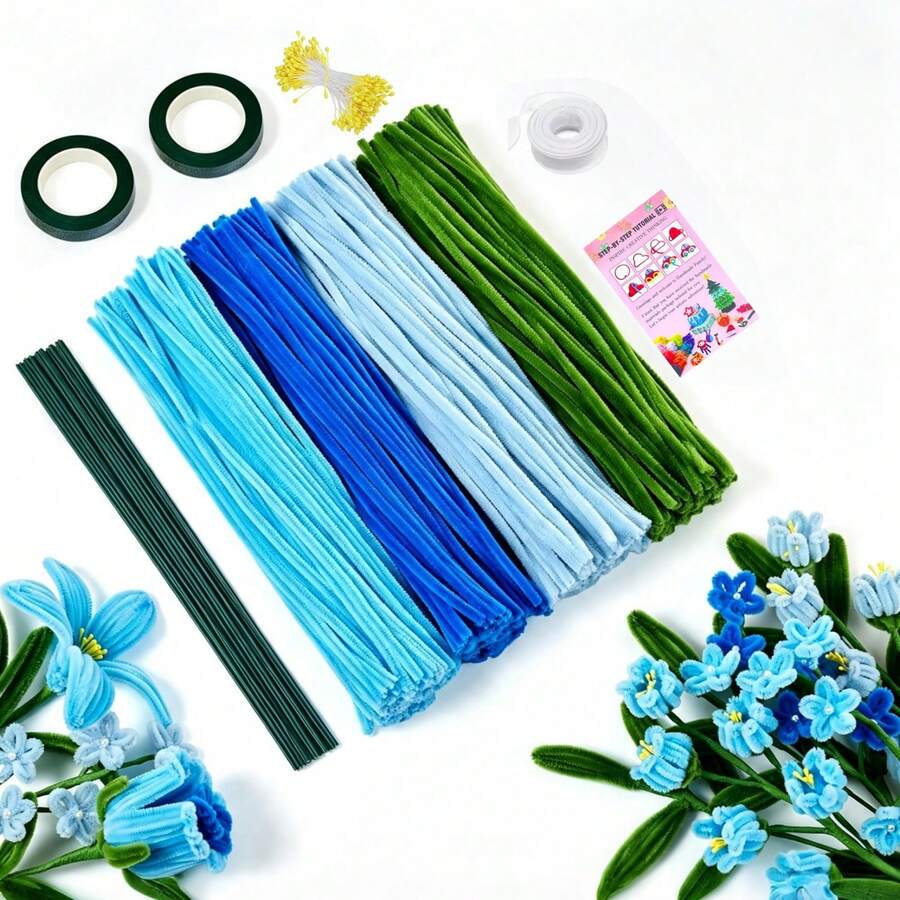574件藍色手工毛絨管套組，4色混色毛絨管大包裝，400件雪尼爾花梗DIY手工花卉製作套件，含20件花梗、2件園藝膠帶、150件花蕊、1件緞帶、1件DIY花束禮物教學