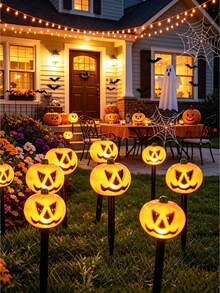 1set/5 piezas Luces solares de jardín con forma de calabaza de Halloween, impermeables para exteriores, diseño de calabaza de dibujos animados, se iluminan automáticamente por la noche, adecuadas para patio, parterre, jardín, camino, césped, decoración de Halloween - Multicolor - Ver 3