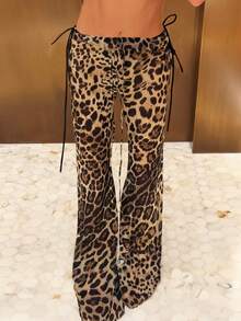 DOUCIU Leopard Print High Waist Drawstring Flare Pants Women's Casual Street Style - Multicolor - View 1