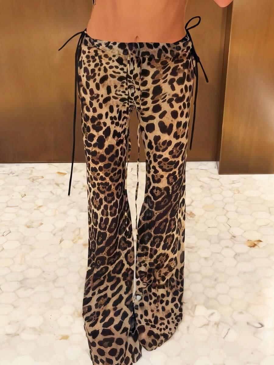 DOUCIU Leopard Print High Waist Drawstring Flare Pants Women's Casual Street Style - Multicolor - View 1