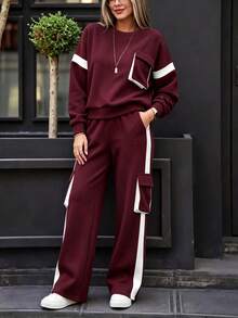 Spring/Autumn Casual Women's Fashion Commute Set, Comfortable Loose Long Sleeve Top + Straight Leg Pants 2 Pieces Set, Versatile Contrast Color Top With High Waist Drawstring Loose Straight Leg Pants 2 Pieces Set - Burgundy - View 7