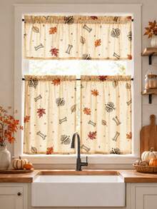 NOSBEI 2PCS Grommet Panels + 3PCS Rod Pocket Kitchen Set, Halloween Pumpkin, Bone And Maple Leaf Faux Linen Curtains, Light Filtering, Rustic Autumn Farmhouse Window Decor - Multicolor - View 3