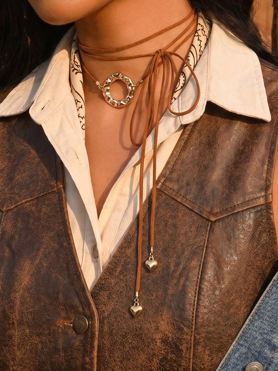 1件復古西部牛仔波希米亞風韓式天鵝絨幾何圓形吊墜項鍊，適合女性日常、派對、旅行、音樂節穿著 - 彩色 - 查看 1