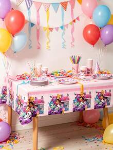 MASSDI Gabby Pastel Pink Disposable Party Tablecloth, Cartoon Character & Dollhouse Pattern Rectangular Table Cover, Waterproof Spill‑Proof Table Decor For Backyard Birthday Gathering, Festival Party Supplies - Multicolor - View 10