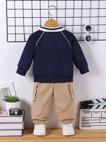 Bhchntiy Baby Boy Autumn/Winter New Pony Embroidered Polo Collar Sweatshirt And Solid Color Casual Fashion Cargo Pants - Blue - View 3