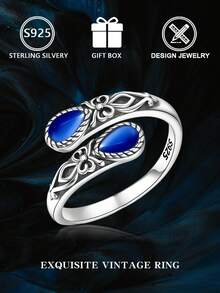 S925 Sterling Silver Vintage Distressed Blue Cat's Eye Stone Open Ring, Vintage Carved Adjustable Band - Silver - View 10
