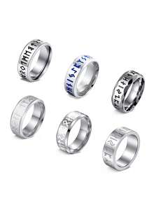 6pcs 8mm Silvery Vintage Viking Rune Stainless Steel Men's Rings, Unisex Jewelry Accessories, Special Couple Rings, Jewelry Suitable For Daily Parties - Silver - View 14