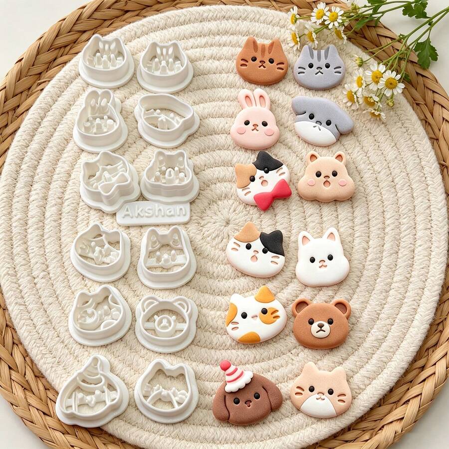 13Pcs Cute Animal Head Polymer Clay Cutters, Cat Rabbit Bear Dog Pattern Clay Molds, DIY Handmade Earring Pendant Jewelry Craft Tools