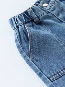 Boys Dual Side Large Pockets Cargo Wide Leg Denim Jeans Autumn Fashion Semi-Elastic Waist Washed Casual Straight Leg Long Pants - Medium Wash - View 4