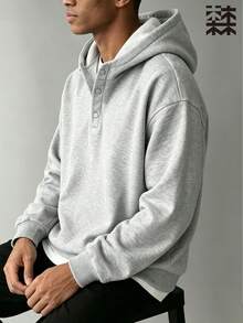 mulinsen 男士天鵝絨衛衣，秋冬新款寬鬆版型亨利領鈕扣連帽衛衣，純色休閒加厚款 - 淺灰色 - 查看 2