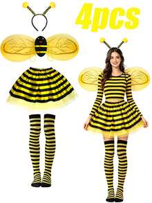 4pcs Cute Bee Costume Set: Bee Dress + Headband + Bee Wings + Striped Socks, Perfect For Carnival, Festivals, Parties And Role Play, Halloween Cosplay - Multicolor - View 1
