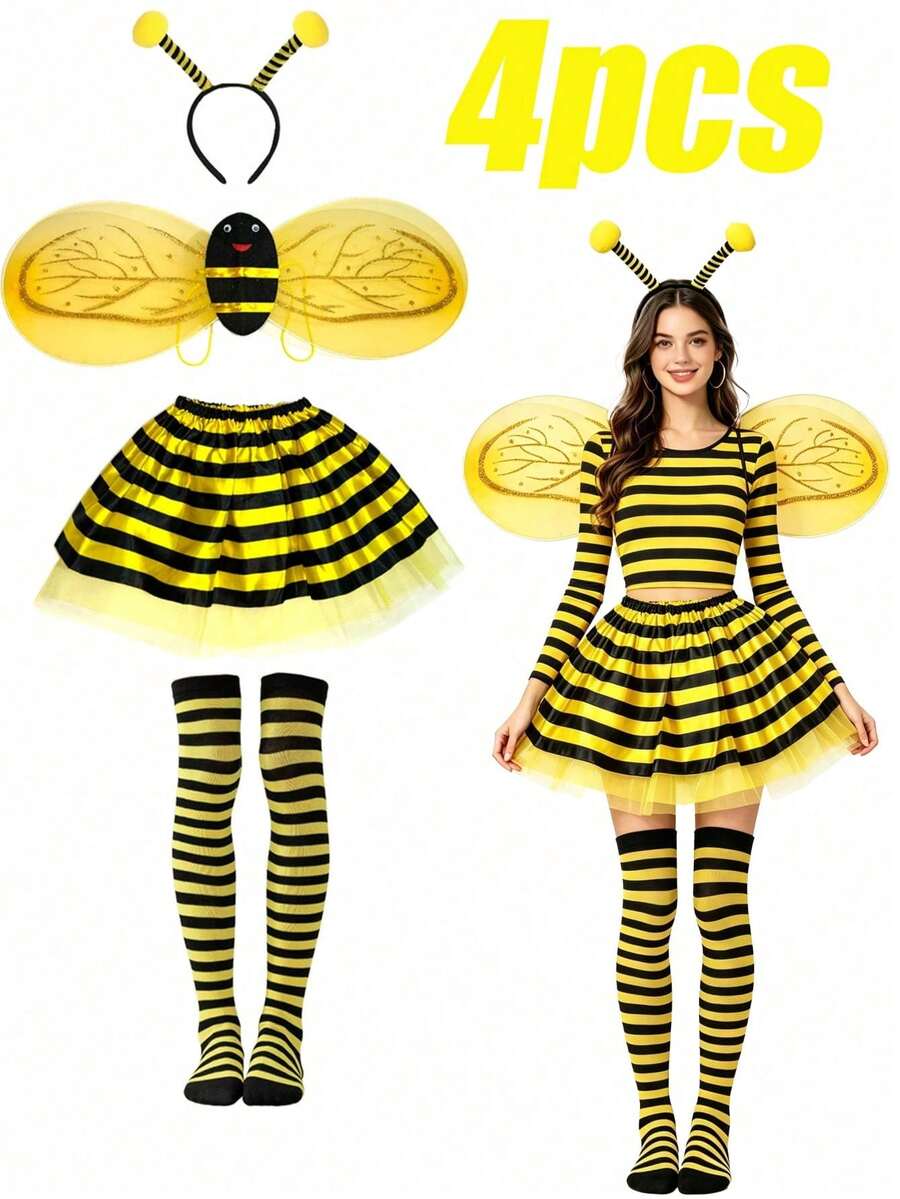4pcs Cute Bee Costume Set: Bee Dress + Headband + Bee Wings + Striped Socks, Perfect For Carnival, Festivals, Parties And Role Play, Halloween Cosplay - Multicolor - View 1
