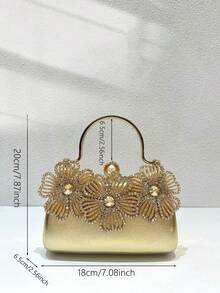 Women Gold Evening Clutch Bag, Curved Hard Frame Purse, 3D Hollow Rhinestone Floral Pattern, Luxury Elegant Handbag For Wedding Prom Formal Part - Gold - View 10