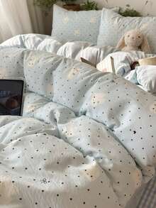 Light Blue Cute Rabbit Polka Dot Duvet Cover Set, Comfortable Bedding, Cute Bow Star Rabbit Pattern, Includes 1*Duvet Cover+1*Bed Sheet+2*Pillowcases, Zipper Design, Fresh Student Dorm Bedroom Boy Girl Home Decor, No Filling - Baby Blue - View 1