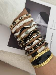 Vintage Black & Gold Enamel Bracelet Set, French Palace Style Drip Oil Open Cuff, Layered Stackable Atmospheric Jewelry - Multicolor - View 5