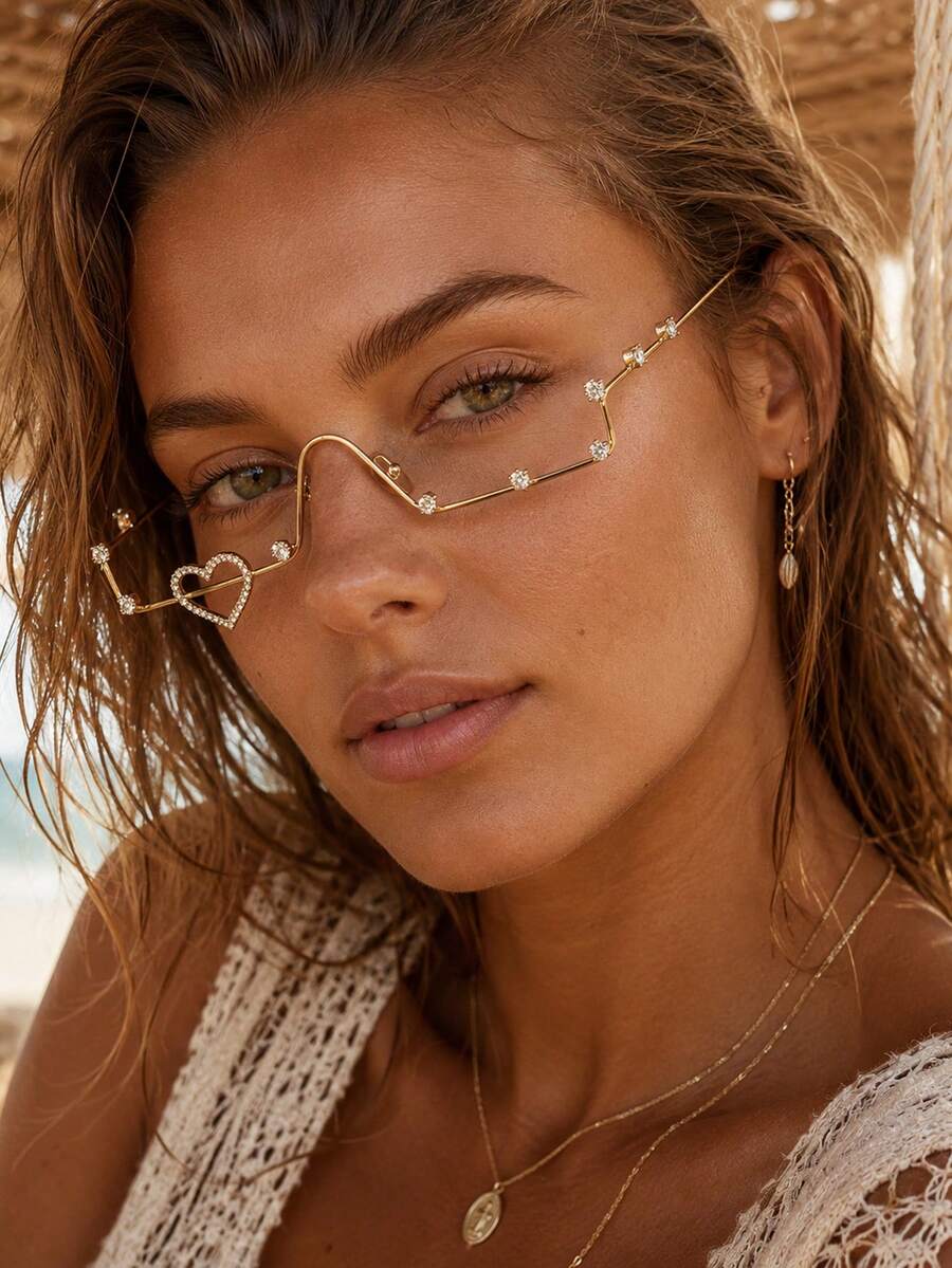 outingfit 1pc Bohemian Gold Rhinestone Heart Decor Glasses Frame For Women, Sparkling Geometric Face Accessory, Suitable For Music Festivals, Beach Parties, Vacation Outfits - W - View 1
