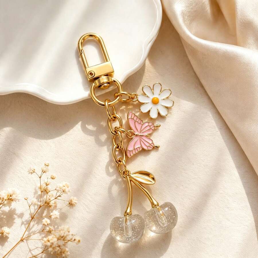 1件女款新款細閃櫻桃蝴蝶金屬鑰匙圈,時尚雛菊配件,極簡Ins風個性化包包掛飾 - 彩色 - 查看 1