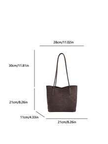 1pc Brown PU Vintage Woven Texture Shoulder Bag, Large Capacity Lightweight Women's Commuter Tote Bag, Suitable For Commuting And Travel - Coffee Brown - View 4
