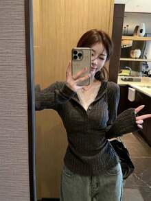 Atasan Lipit 2 in 1 Lengan Panjang Berenda untuk Wanita - Grey - View 6