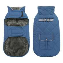 中大型犬適用冬季保暖狗外套，毛絨保暖內裡，附D型環、反光條、口袋設計，可調節魔鬼氈寵物背心 - 霧霾藍 - 查看 10
