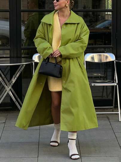 Avocado Green Long Trench Coat Jacket For Women, Loose Fit With Dropped Shoulders, Knee-Length, Minimalist Elegant Casual Silhouette, Slimming And Flattering, Smooth Draping, Solid Color, Versatile All-Match Style, Suitable For Daily Commute, Streetwear, Travel, Crisp Stand-Up Collar Design To Enhance Neckline, Long Sleeve, Inclusive Fit, Atmospheric, Essential For Spring And Autumn, Minimalist Sophisticated Color Palette, Easy To Style, Fashionable And Timeless, Suitable For Various Occasions, Highlights Elegant Fashion Elegant, Meets Daily Outfit Needs, Women's Jacket, Women's Trench Coat, Women's Long Coat