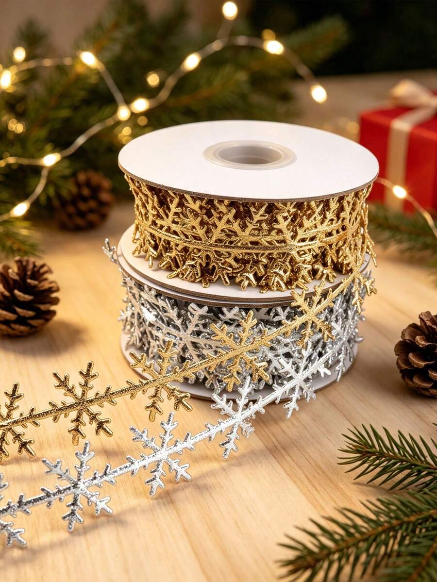 5/1pc 10m Christmas Snowflake Garland Ribbon, Glitter Gold & Silver Snowflake Decorative Edge, Suitable For Christmas Decoration, Christmas Hanging Ornaments, Wedding Party DIY Decor, Holiday Tree Gift Wrapping And Home Decor - Multiple Styles - View 1