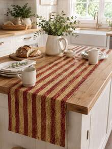 1PC Vintage Red Stripe Linen Table Runner, Beige Burgundy Rustic Farmhouse Table Runner, Classic Woven Look Dining Table Centerpiece Decor For Kitchen, Dining Room, Thanksgiving, Christmas, Holiday Party And Everyday Home Decoration - Distressed Stripes - View 2