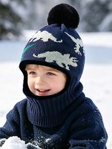 Children's Ear Protection Hat Winter Thermal Lined Thickened Baby Scarf Integrated Hat Unisex Windproof Warm Knitted Knitted Hat - Dinosaur  With Hood - View 8