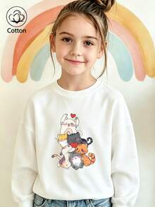 Cotton Girls Round Neck Pullover Sweatshirt, Autumn Winter Loose Long Sleeve T-Shirt With Cartoon Cat Print, Cute Sweet Schoolgirl Style - White - View 2
