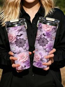 1pc/5pcs 30oz Purple Halloween Floral Insulated Tumbler, Stainless Steel With Handle, Straw And Leak-Proof Flip Lid, Romantic Purple Flower, Spider Web And Pumpkin Print, Suitable For Birthday And Holiday Gifts, Ideal For Travel, Work, Fitness And Daily Outdoor Use - Purple - Floral Spider Web - View 8