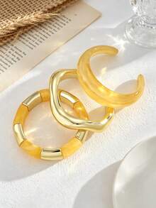 3pcs Vintage Elegant Casual Bohemian Style Women's CCB Plain Round Bangle And Yellow Acrylic Elastic Bracelet For Daily Casual, Party, Spring/Summer Beach Vacation And Travel Wear - Yellow - View 5