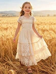 Tween Girl Floral Lace Backless Dress, Teens Short Sleeve Big Hem Flower Girl Wedding Long Gown - بيج - مشاهدة 8